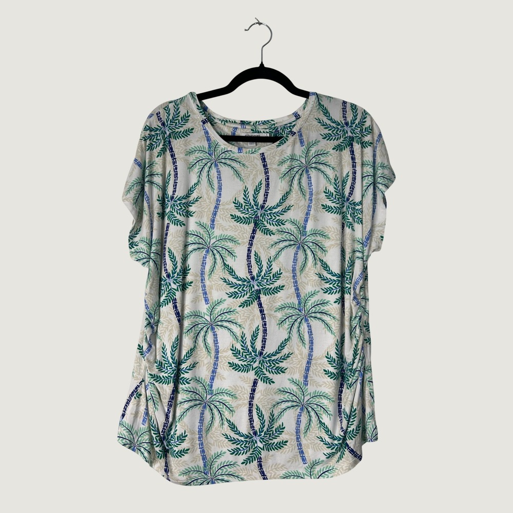 Chico's Palm Tree Print Top Women Size 3 XL White Green Blue Ruched Side Jersey